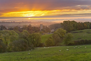 Cotswold countryside and St. James Church at dawn, Chipping Campden, Cotswolds Cotswold countryside and St. James Church at dawn, Chipping Campden, Cotswolds