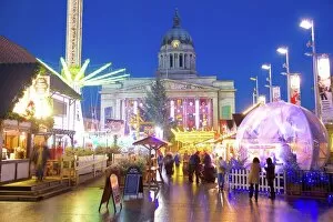 Night Time Gallery: Council House and Christmas Market stalls in the Market Square, Nottingham, Nottinghamshire