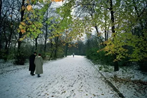 Images Dated 10th April 2008: Couple walking in the snow in the Tiergarten, Berlin, Germany, Europe
