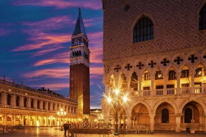 Spire Gallery: Doges Palace and Campanile after sunset, Venice, UNESCO World Heritage Site, Veneto, Italy, Europe