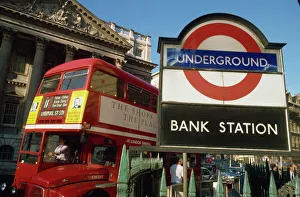 Double decker bus and Bank station London Underground sign, City of London Double decker bus and Bank station London Underground sign, City of London