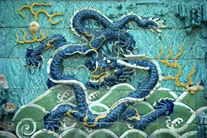Chinese Gallery: Dragons on tiles on the Dragon wall in the Forbidden City in Beijing, China, Asia