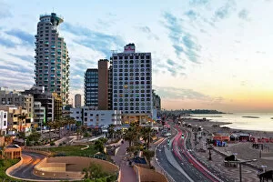Images Dated 4th January 2012: Elevated dusk view of the city beachfront, Tel Aviv, Israel, Middle East