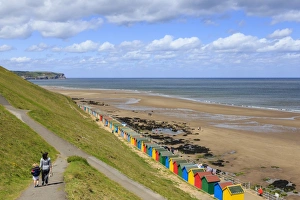 Elevated view of colourful beach huts on West Cliff Beach Elevated view of colourful beach huts on West Cliff Beach
