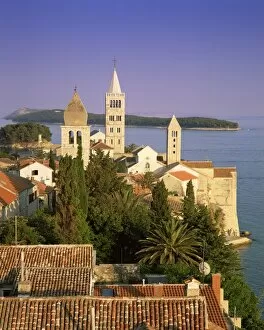 Dalmatian Gallery: Elevated view of the medieval Rab Bell Towers and town, Rab Town, Rab Island