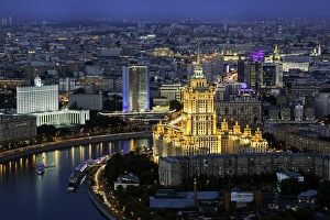 Elevated view over the Moskva River embankment, Ukraine Hotel and the Russian White House Elevated view over the Moskva River embankment, Ukraine Hotel and the Russian White House