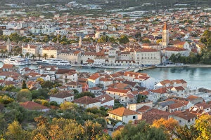 Trogir Gallery: Elevated view over the old town of Trogir at sunset, Trogir, Croatia, Europe