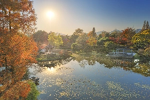 Elevated view of small pagoda in autumn in a wide park scene in Hangzhou, Zhejiang, China, Asia Elevated view of small pagoda in autumn in a wide park scene in Hangzhou, Zhejiang, China, Asia