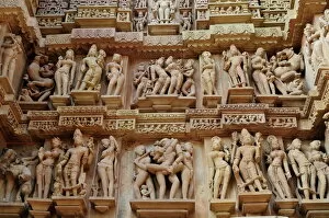 Erotic sculptures on the walls of Western group of monuments, Khajuraho, UNESCO World Heritage Site, Madhya Pradesh