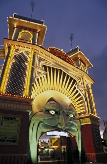Exterior of Luna Park entrance illuminated at twilight, St. Kilda, Melbourne Exterior of Luna Park entrance illuminated at twilight, St. Kilda, Melbourne