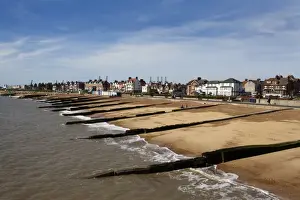 Prints of Felixstowe Beach from the pier with Container Port cranes in the distance, Felixstowe, Suffolk, England, United Kingdom, Europe Suffolk Prints: Felixstowe Beach Print: Pier and Container Port Cranes