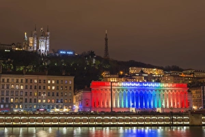 Fete des Lumieres (Festival of Lights) laser show, Basilica Notre-Dame de Fourviere, Saone River, Lyon, Rhone-Alpes, France, Europe Fete des Lumieres (Festival of Lights) laser show, Basilica Notre-Dame de Fourviere, Saone River, Lyon, Rhone-Alpes, France, Europe