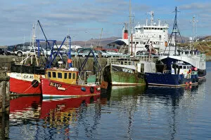 Fishing boats and Car Ferry in the harbour, Mallaig, Highlands, Scotland, United Kingdom, Europe