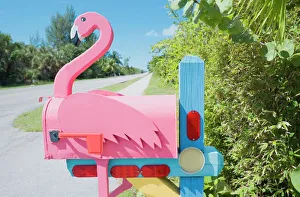 Flamingo made of wood attached to pink mailbox, Sanibel Island, Florida Flamingo made of wood attached to pink mailbox, Sanibel Island, Florida
