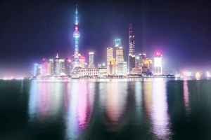 Foggy yet colorful skyline of Shanghai Pudong at night, Shanghai, China, Asia Foggy yet colorful skyline of Shanghai Pudong at night, Shanghai, China, Asia