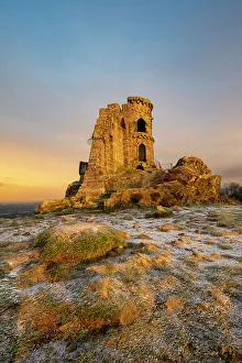 The Folly at Mow Cop Print with Winter Snow