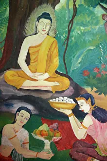 Fresco depicting food offerings to the Buddha in Wat Ampharam, Hua Hin, Thailand Fresco depicting food offerings to the Buddha in Wat Ampharam, Hua Hin, Thailand