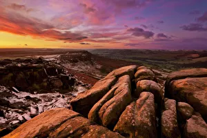 Frosty winter sunrise, Froggatt and Curbar Edge, Peak District National Park, Derbyshire Frosty winter sunrise, Froggatt and Curbar Edge, Peak District National Park, Derbyshire
