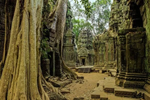 Weathered Gallery: Galleries and gopura entrance at 12th century temple Ta Prohm, a Tomb Raider film