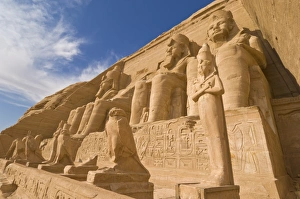 Giant statues of the great pharaoh Rameses II outside the relocated Temple of Rameses II at Abu Simbel Giant statues of the great pharaoh Rameses II outside the relocated Temple of Rameses II at Abu Simbel