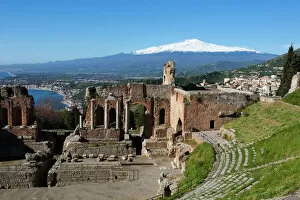 Snow Capped Gallery: The Greek Amphitheatre and Mount Etna, Taormina, Sicily, Italy, Europe
