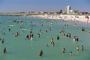 Groups of people in the sea and on the beach at Glenelg, a resort suburb of Adelaide Groups of people in the sea and on the beach at Glenelg, a resort suburb of Adelaide