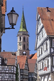 Half-timbered houses at market place, municipal church, Schorndorf, Baden Wurttemberg Half-timbered houses at market place, municipal church, Schorndorf, Baden Wurttemberg