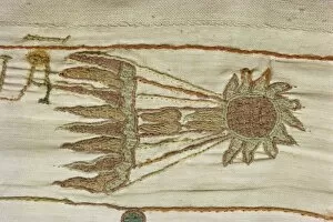 Halleys Comet Gallery: Detail of Halleys comet seen as a bad omen in February 1066, Bayeux Tapestry
