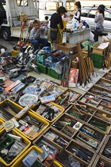 Hardware and tools being sold at monthly flea market at Toji Temple Hardware and tools being sold at monthly flea market at Toji Temple
