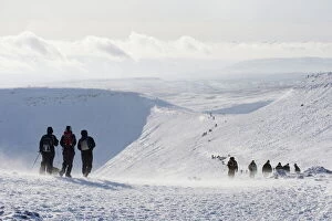 Hiker Gallery: Hikers on snow covered Pen y Fan mountain, Brecon Beacons National Park
