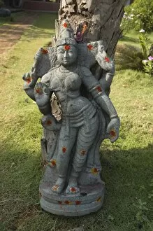 Hindu goddess decorated with red and yellow puja marks, Pondicherry, Tamil Nadu