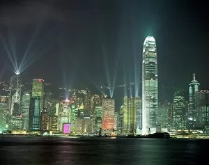 Chinese Gallery: Hong Kong city skyline looking across Victoria harbour to Hong Kong Island at night