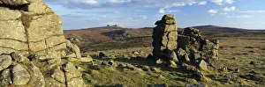 Hound Tor granite rock formation in evening sunlight, near Manaton Hound Tor granite rock formation in evening sunlight, near Manaton