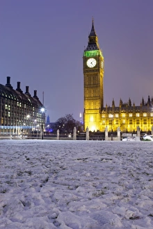 Prints of Houses of Parliament and Big Ben in snow, Parliament Square, Westminster, London, England, United Kingdom, Europe Westminster Prints: Houses of Parliament and Big Ben Print, London