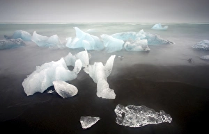 Icebergs from the Jokulsarlon glacial lagoon washed up on a nearby black volcanic sand Icebergs from the Jokulsarlon glacial lagoon washed up on a nearby black volcanic sand