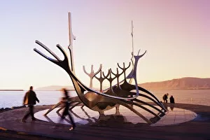 Iceland, Reykjavik, Solfar (Sun Voyager), iconic stainless-steel modern sculpture representing a Viking longboat by Jon