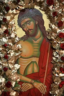 Easter Gallery: Detail of icon of Christ displayed during Easter week in a Greek Orthodox church