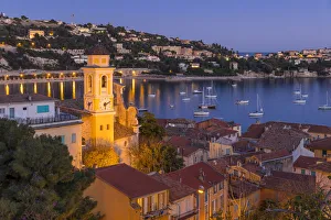 Places Of Worship Gallery: Illuminated Saint-Michel Church at dusk, Villefranche sur Mer, Alpes Maritimes