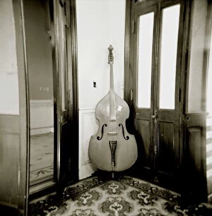 Image taken with a Holga medium format 120 film toy camera of double bass resting against wall inside Palacio de Valle