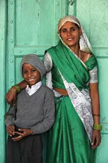 School Uniform Collection: Indian mother and son, Nandgaon, Uttar Pradesh, India, Asia