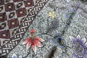 Intricate batik wax resist floral pattern on traditional Javanese sarong, Pekalongan, Java, Indonesia, Southeast Asia