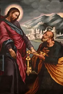 Images Dated 11th June 2013: Jesus giving keys to St. Peter, painting in Palma Cathedral, Palma, Majorca