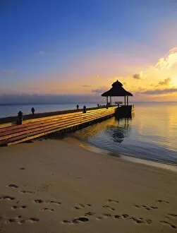 Maldives Gallery: Jetty on the beach at sunset, Maldives, Indian Ocean, Asia