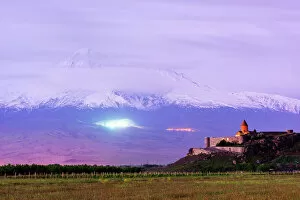 Caucasus Collection: Khor Virap Monastery, and Mount Ararat, 5137m, highest mountain in Turkey photographed in Armenia