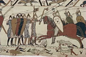 1066 Gallery: King Harolds foot soldieres with spears and battle axes, Bayeux Tapestry