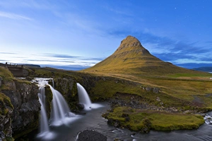 Kirkjufell Mountain and Kirkjufoss Waterfall at dusk, Snaefellsnes Peninsula, Iceland Kirkjufell Mountain and Kirkjufoss Waterfall at dusk, Snaefellsnes Peninsula, Iceland