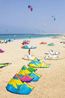 Kite surfers and kite surfing on Kite beach, Praia da Fragata, Costa da Fragata Kite surfers and kite surfing on Kite beach, Praia da Fragata, Costa da Fragata