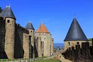 La Cite, battlements and spiky turrets from Les Lices, Carcassonne La Cite, battlements and spiky turrets from Les Lices, Carcassonne