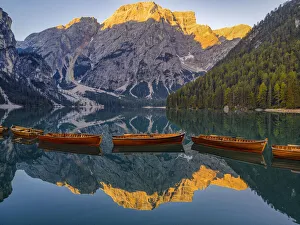 Lake Braies, Croda del Becco reflected in Lake Braies at sunrise, South Tyrol, Alto Adige Lake Braies, Croda del Becco reflected in Lake Braies at sunrise, South Tyrol, Alto Adige