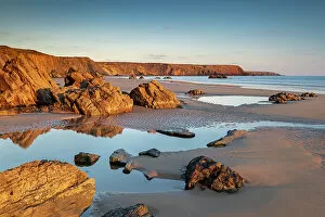 Welsh Culture Collection: Late evening sunlight on a deserted Marloes Sands, Pembrokeshire, Wales, United Kingdom